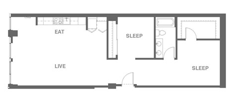 Floor plan for 2 beds, 1 bath, 1014 sqft